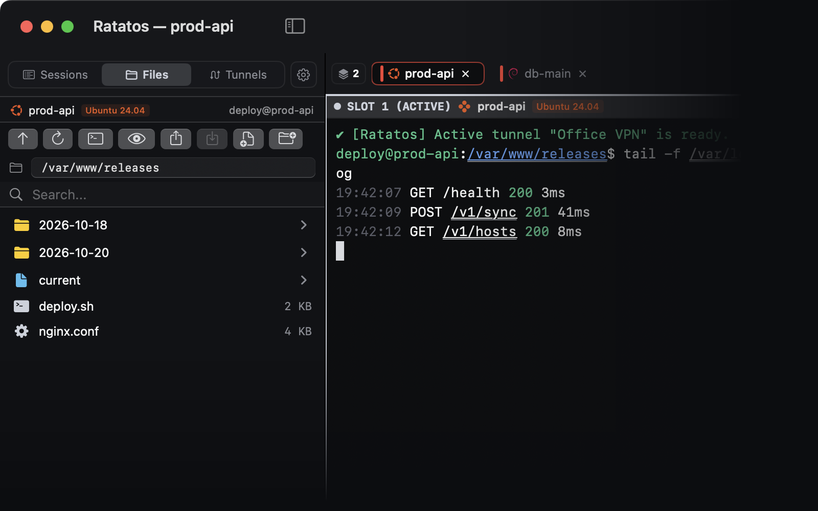 Ratatos remote file browser next to shell session in /var/www/releases