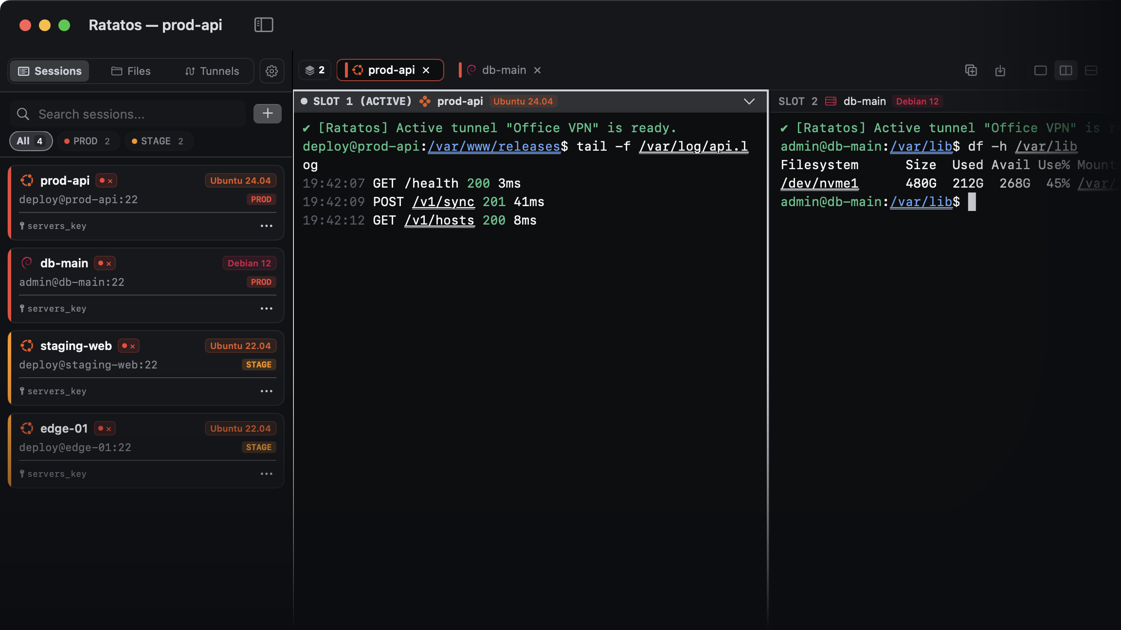 Ratatos — sessions sidebar and a split terminal on two servers