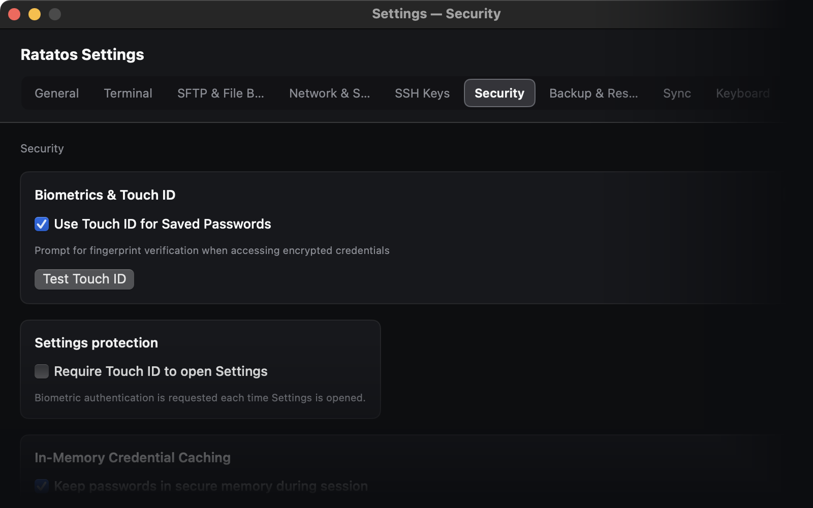 Ratatos security settings with Touch ID biometric protection enabled
