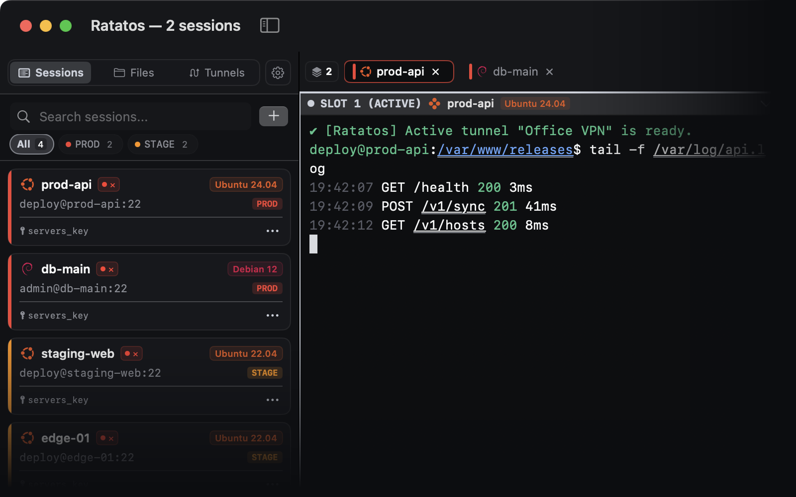 Ratatos terminal with prod-api live log tail and sessions sidebar