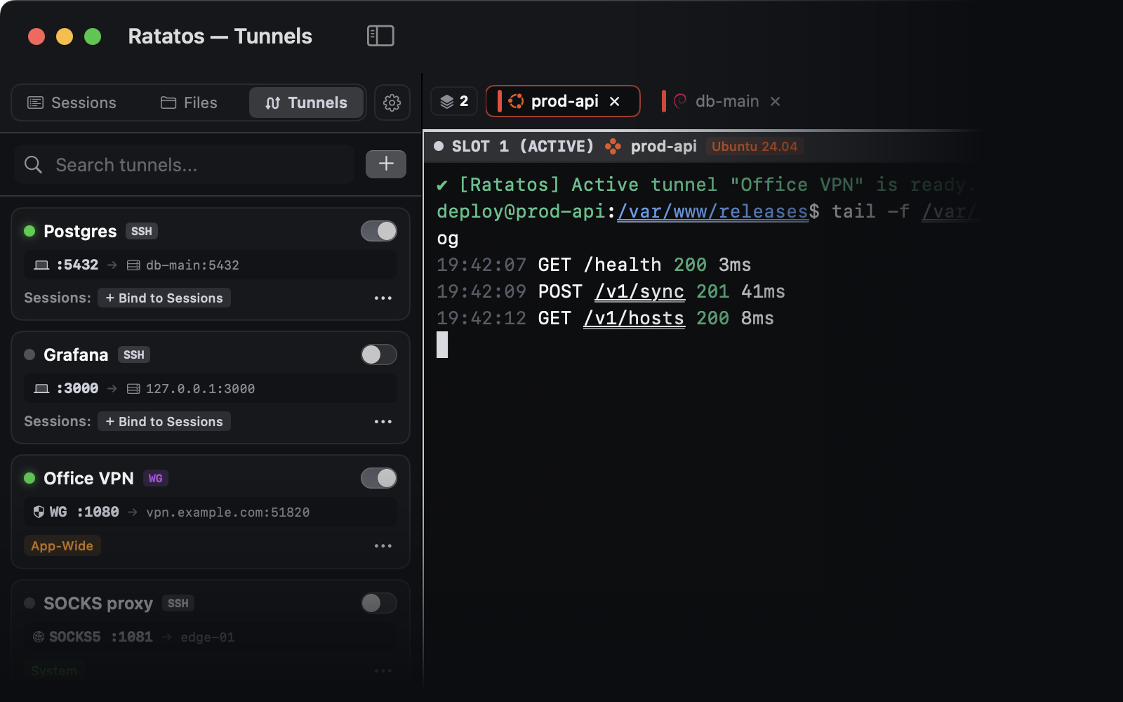 Ratatos SSH and WireGuard tunnels manager with on/off switches